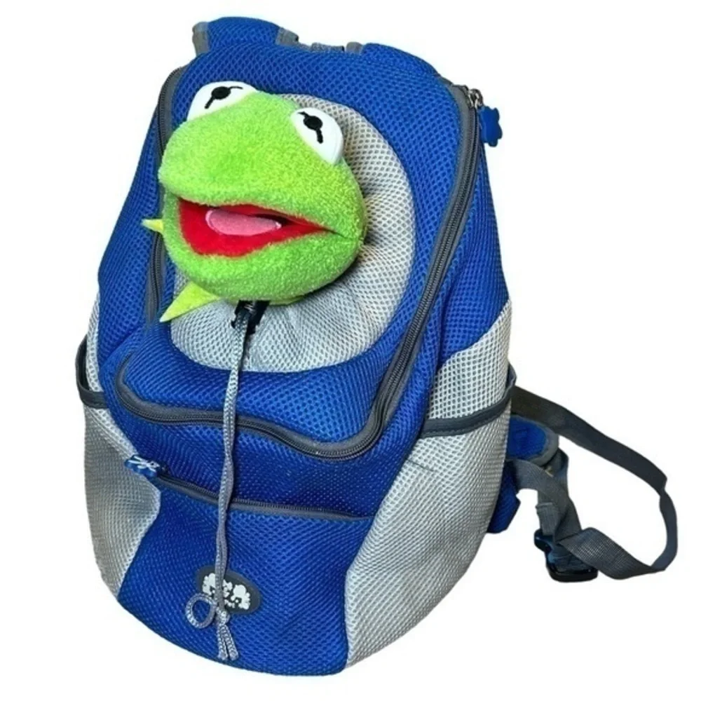 SMALL PET CARRIER BACKPACK BLUE SILVER MESH + WAIST STRAP